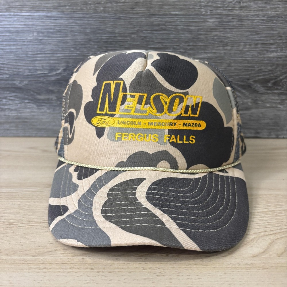 Vintage Nelson Ford Lincoln Mercury Mazda Hat Cap Snap Back Camo Mesh Trucker